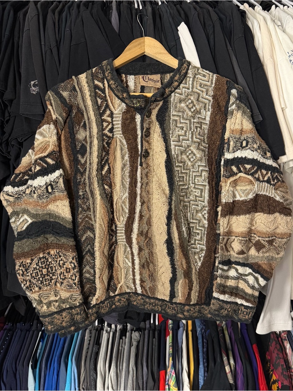 Coogi Classic Henley Sweater Mens Medium Brown Vintage 90s 3D Knit Button Up